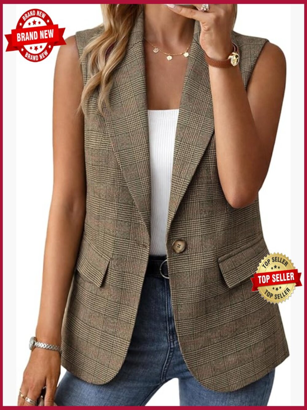 Sleeveless Vest Blazer - Lightweight Lined Office Top with Pockets